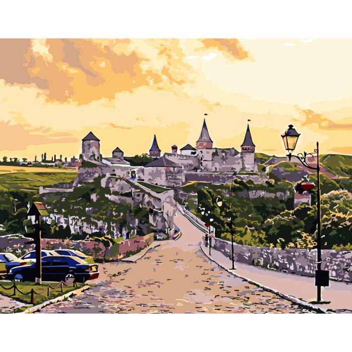 Картина за номерами Strateg ПРЕМІУМ Кам'янець-Подільський замок при заході сонця з лаком розміром 40х50 см SY6558