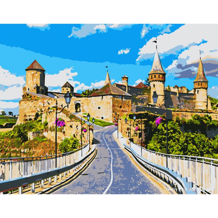 Картина за номерами Strateg ПРЕМІУМ Кам'янець-Подільський замок з лаком розміром 40х50 см SY6560