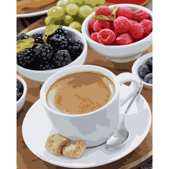 Картина за номерами Strateg ПРЕМІУМ Сніданок з кавою та фруктами з лаком розміром 40х50 см VA-3741