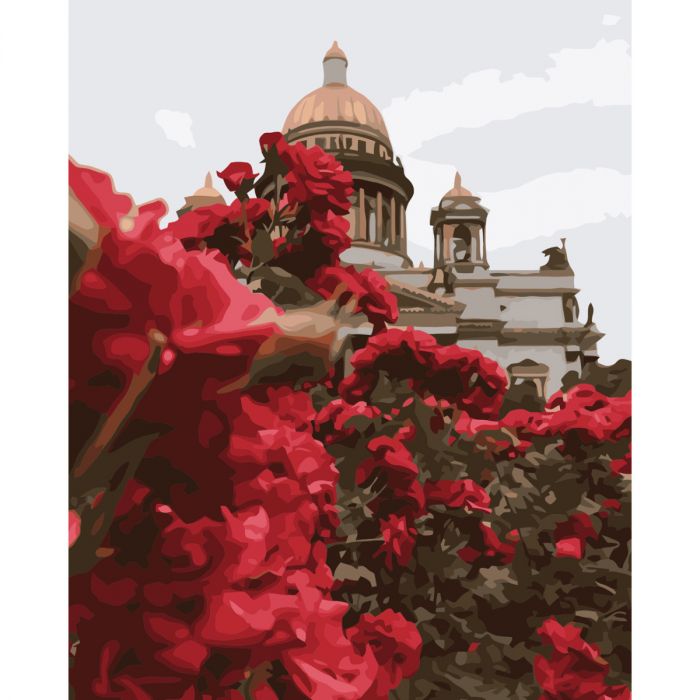 Картина за номерами Strateg ПРЕМІУМ Троянди біля Ісаакіївського собору з лаком розміром 40х50 см VA-3749