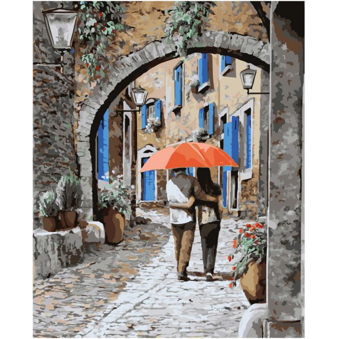 Картина за номерами Strateg ПРЕМІУМ Пара під парасолькою з лаком розміром 40х50 см SY6613
