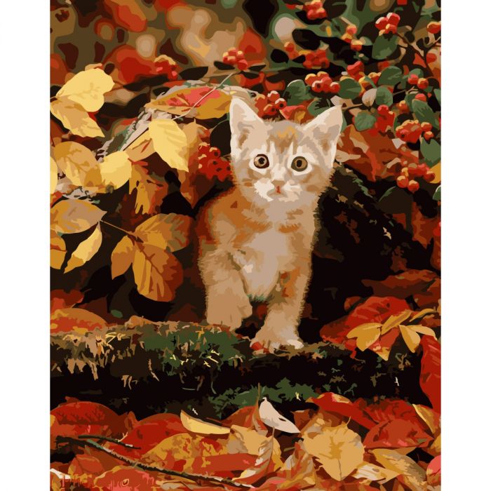 Картина за номерами Strateg ПРЕМІУМ Котик у листі з лаком розміром 40х50 см (SY6726)