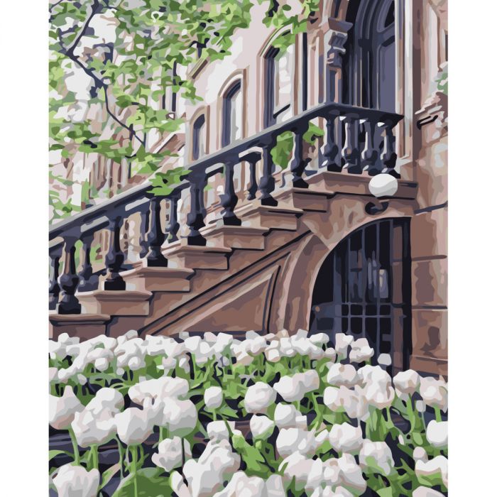 Картина за номерами Strateg ПРЕМІУМ Білі тюльпани з лаком розміром 30х40 см (SS-6614)
