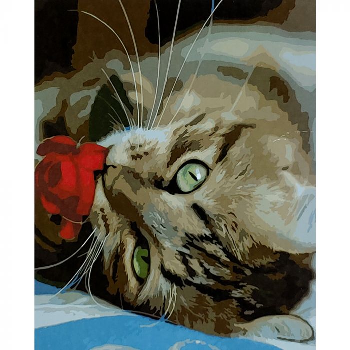 Картина за номерами Strateg ПРЕМІУМ Котик з квіткою з лаком розміром 40х50 см (SY6916)