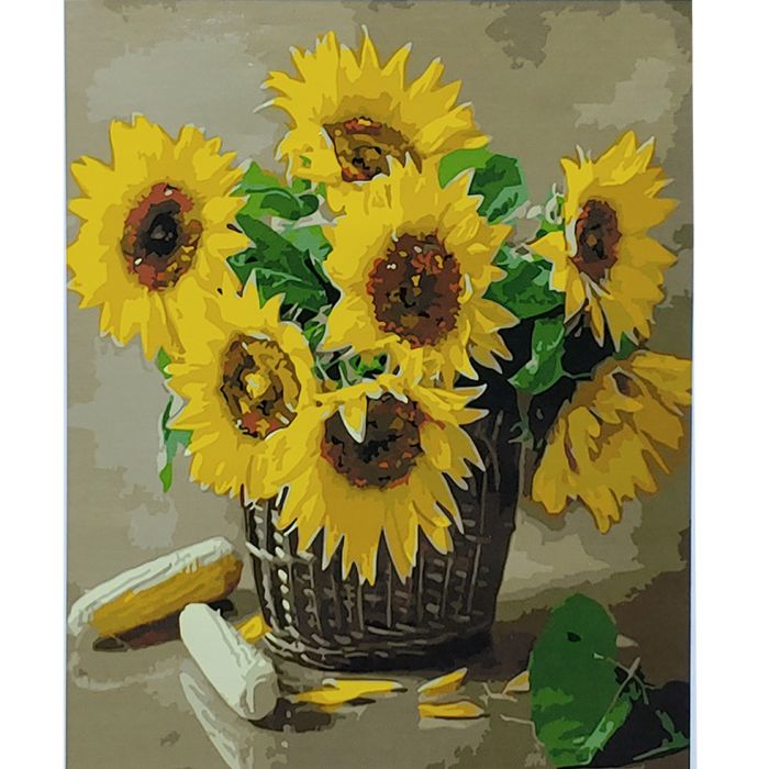Картина за номерами Strateg ПРЕМІУМ Корзинка з соняшниками з лаком розміром 40х50 см (SY6815)