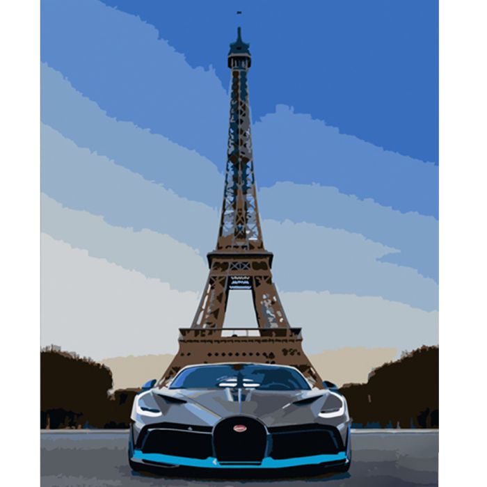 Картина за номерами Strateg ПРЕМІУМ Машина на фоні Ейфелевої вежі розміром 40х50 см (HH042)