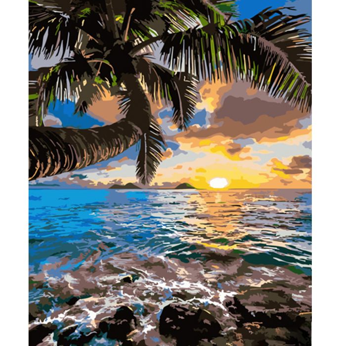 Картина за номерами Strateg ПРЕМІУМ Захід сонця на пляжі розміром 40х50 см (HH049)