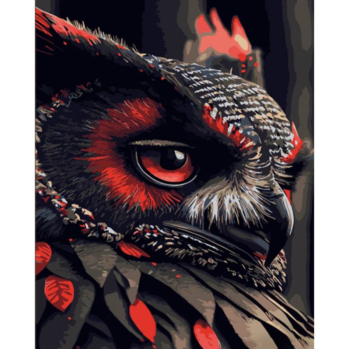 Картина за номерами Strateg ПРЕМІУМ Червоно-чорна сова з лаком та з рівнем розміром 40х50 см (DY418)