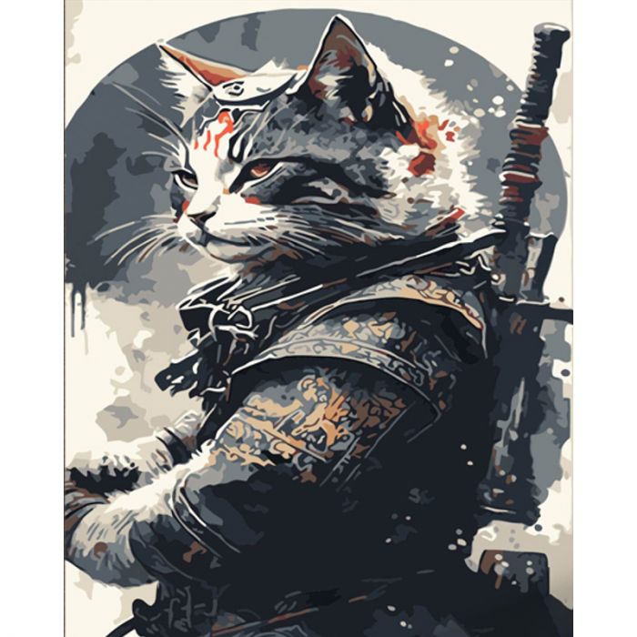 Картина за номерами Strateg ПРЕМІУМ Кіт самурай з лаком та з рівнем розміром 40х50 см (DY421)