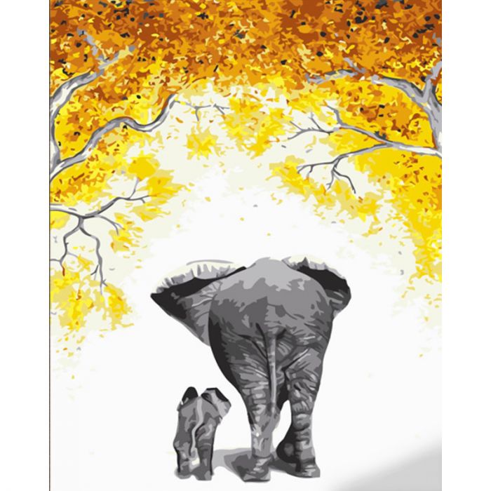 Картина за номерами Strateg ПРЕМІУМ Сім&apos;я слонів з лаком та з рівнем розміром 40х50 см (DY432)