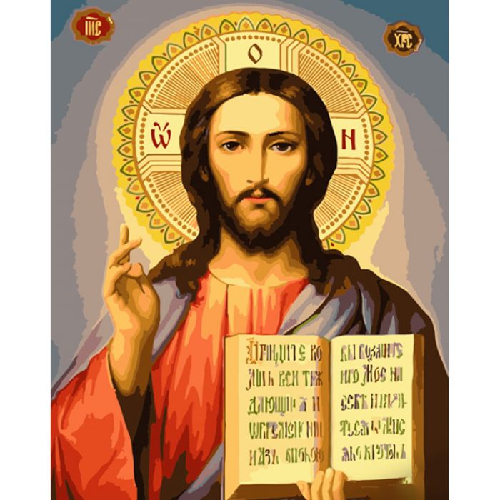 Картина за номерами Strateg ПРЕМІУМ Ікона Ісуса Христа (Спасителя) з лаком розміром 40х50 см (GS885)