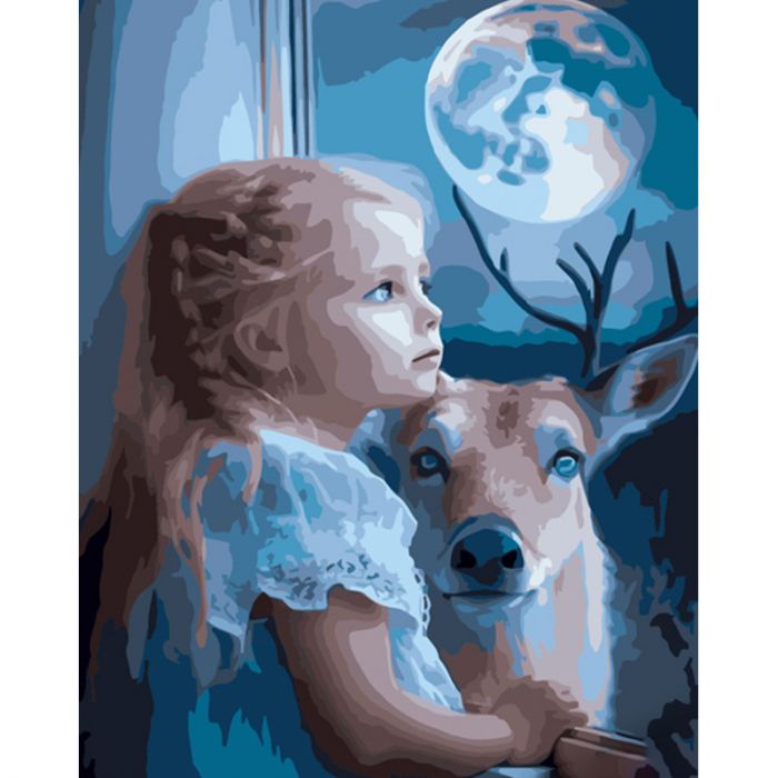 Картина за номерами Strateg ПРЕМІУМ Дівчина з оленям розміром 40х50 см (GS982)