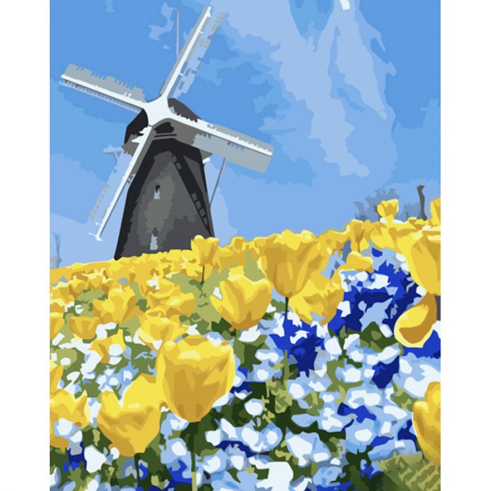 Картина за номерами Strateg ПРЕМІУМ Вітряк на полі з лаком розміром 40х50 см (GS1233)