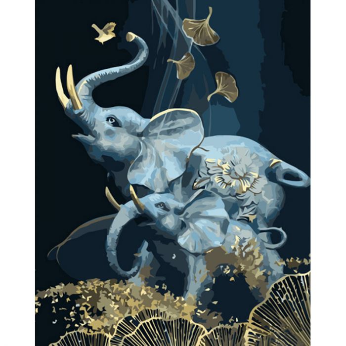 Картина за номерами Strateg ПРЕМІУМ Слони-талісмани з лаком розміром 40х50 см (GS1248)