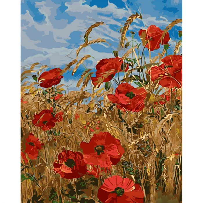 Картина за номерами Strateg ПРЕМІУМ Маки на пшеничному полі з лаком та з рівнем розміром 40х50 см (GS1439)