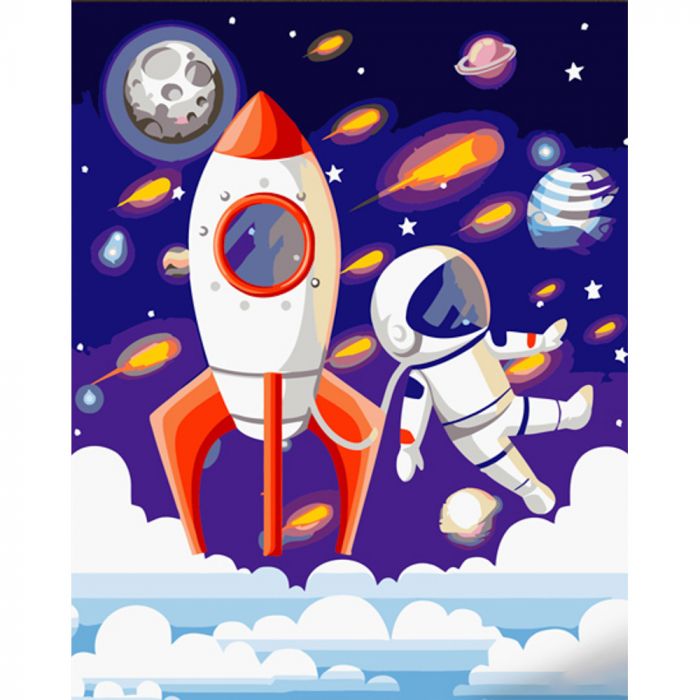Картина за номерами Strateg ПРЕМІУМ Космонавт та ракета з лаком розміром 30х40 см (SS6701)