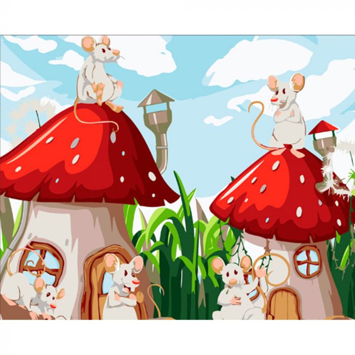 Картина за номерами Strateg ПРЕМІУМ Миші в будинках-грибах з лаком розміром 30х40 см (SS6713)