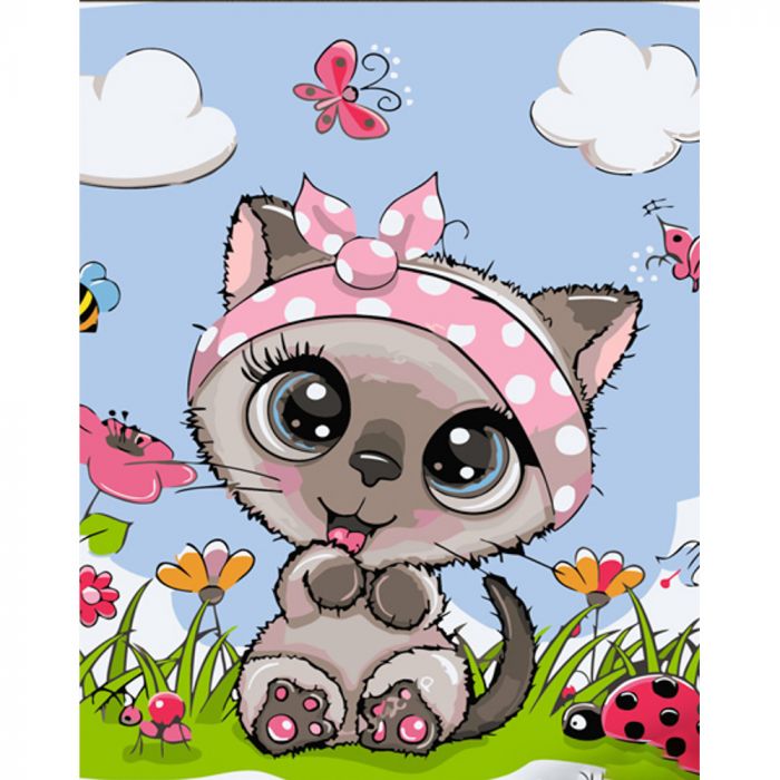 Картина за номерами Strateg ПРЕМІУМ Кішка з рожевою пов'язкою з лаком розміром 30х40 см (SS6714)