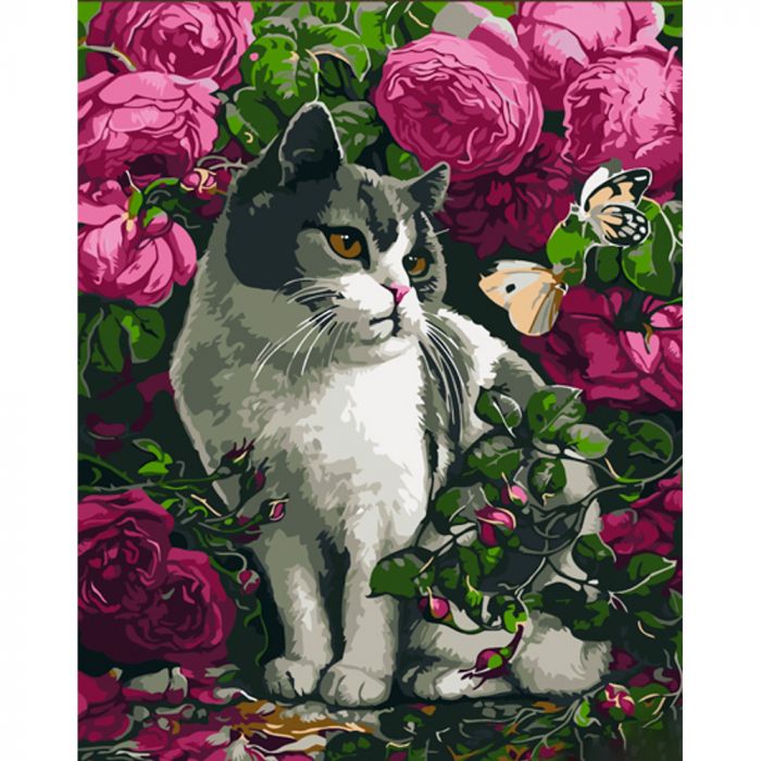 Картина за номерами Strateg ПРЕМІУМ Троянди та кіт з лаком розміром 30х40 см (SS6757)