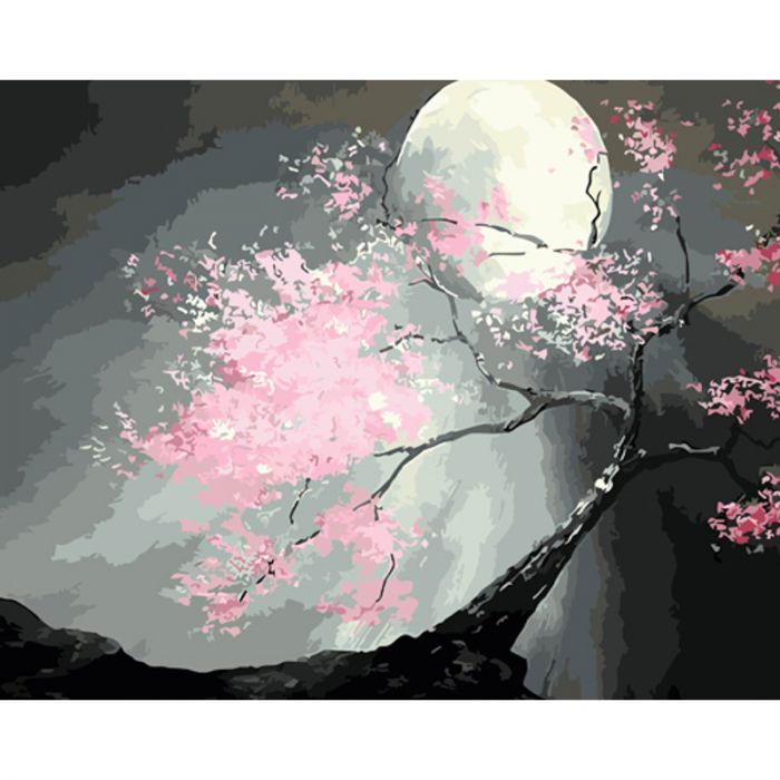 Картина за номерами Strateg ПРЕМІУМ Сакура в місяці з лаком та з рівнем розміром 40х50 см (GS1484)