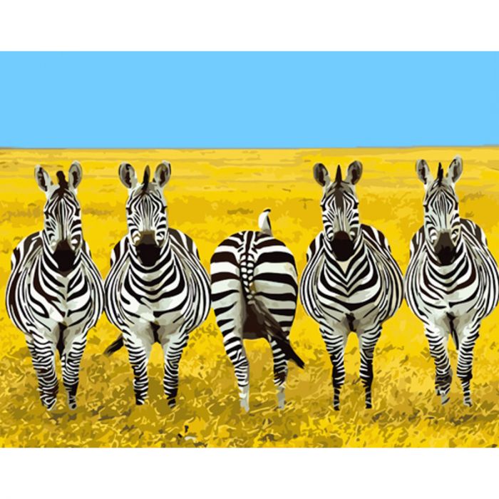 Картина за номерами Strateg ПРЕМІУМ П&apos;ятірка зебр з лаком та з рівнем розміром 40х50 см (GS1521)