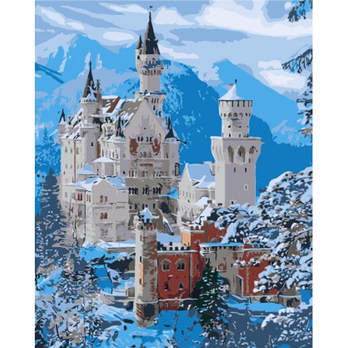 Картина за номерами Strateg ПРЕМІУМ Замок у снігу з лаком та з рівнем розміром  40х50 см (GS1577)