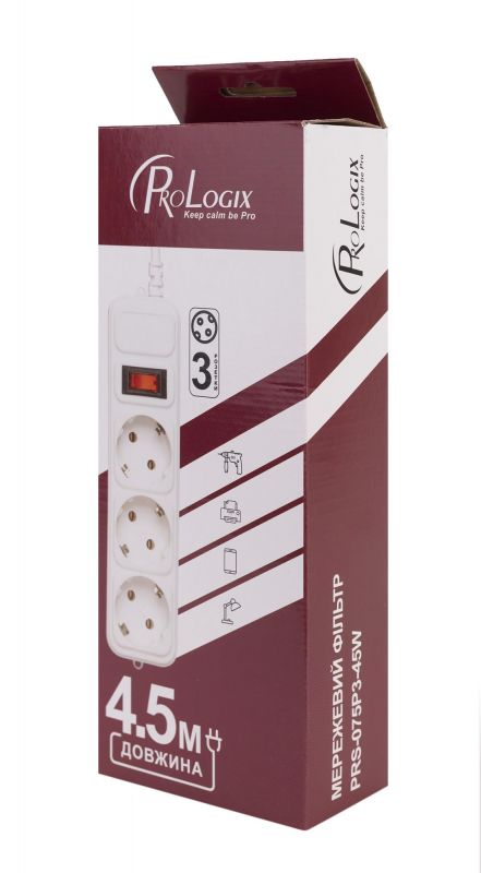 Фільтр живлення ProLogix (PRS-075P3-45W) 2.2 кВт, 3 розетки, 4.5 м, білий